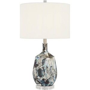 Possini Euro Design Modern Table Lamp 26" High Blue Brushstrokes Ceramic White Fabric Drum Shade for Living Room Bedroom House - 1 of 4