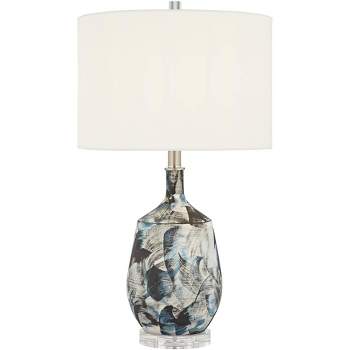 Possini Euro Design Modern Table Lamp 26" High Blue Brushstrokes Ceramic White Fabric Drum Shade for Living Room Bedroom House