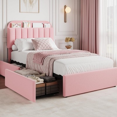 Twin Bed Frame with Storage Headboard, Girls Bed Frame with 2 Drawers