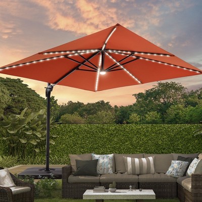 Sonkuki 10×10FT Outdoor LED Cantilever Patio Umbrella w/Base, 360° Rotation and Infinite Canopy Angle Adjustment