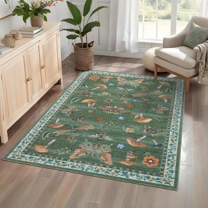 2x6FT Modern Washable Area Rug, Insect Floral Print Floor Cover with Non Slip Backing, Low Pile Stain Resistant Indoor Carpet for Bedroom - 1 of 4