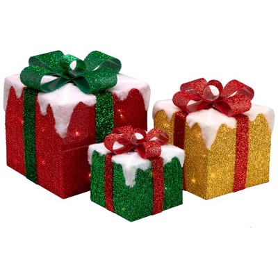 Northlight Set of 3 LED Lighted Green, Gold and Red Snowy Gift Boxes Outdoor Christmas Decorations