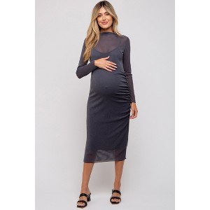 Pinkblush Charcoal Shimmer Mesh Long Sleeve Ruched Maternity Midi Dress - 1 of 4