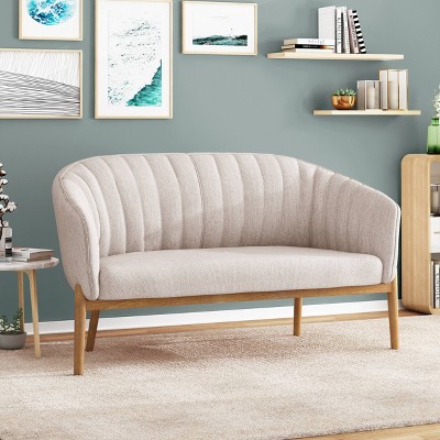 Deborah Mid-Century Beige Fabric Loveseat with Wood Legs