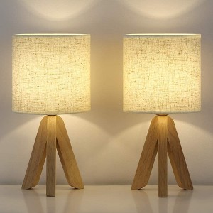 Oumilen Wooden Tripod Nightstand Lamps with Fabric Linen Shade, Set of 2 - 1 of 1