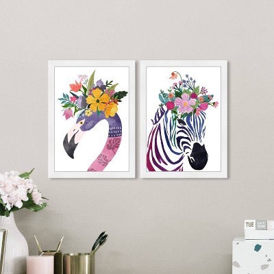 (Set of 2) 15" x 21" Floral Zebra and Flamingo Framed Wall Art Prints Purple - Wynwood Studio