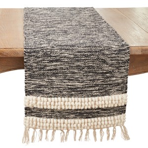 Saro Lifestyle Boho Fringe Pom Pom Stripe Table Runner, 16"x72", Black - 1 of 3