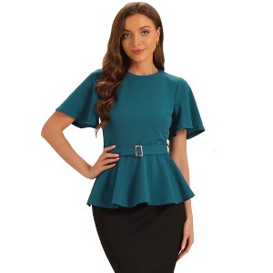 Allegra K Women's Round Neck Flutter Sleeve Belted Waist Office Peplum Blouse - 1 of 4