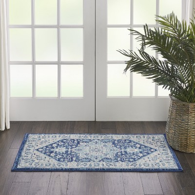 Ivory and Navy Synthetic 24'' Easy-Care Rectangular Area Rug