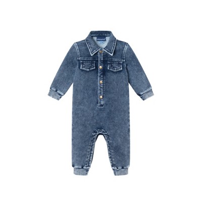 Image of Andy & Evan Infant  Blue Knit Denim Shirt Romper, Size 0-3 Months.