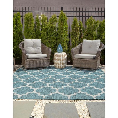 Teal and Gray Square Outdoor Synthetic Area Rug