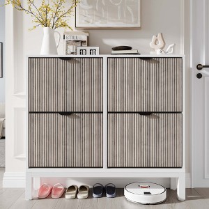 Shoe Storage Cabinet with 4 Flip Drawers, Farmhouse Fluted Shoe Organizer with Metal Legs, Freestanding Hidden Slim Narrow Shoe Rack - 1 of 4