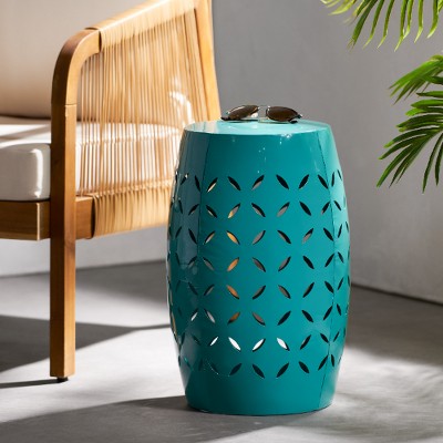 Barrel-Shaped Metal Lace-Cut Outdoor End Table, Modern Patio Accent Table for Outdoor & Indoor Use, Patio End Tables -Christopher Knight Home