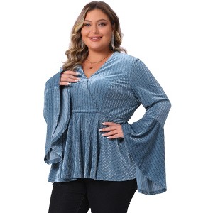 Women's Plus Size Velvet Texture Wrap V Neck Ruffle Hem Long Bell Sleeve Peplum Blouses - Agnes Orinda - 1 of 4