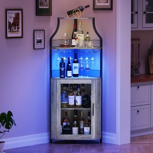 Coucheta an industrial-style corner bar cabinet with LED lights, five shelves, a glass rack, and a mesh door - 1 of 4