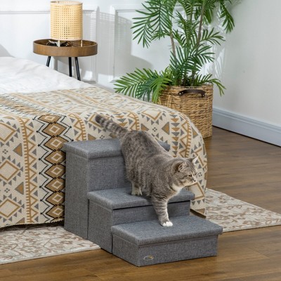 Gray 3-Step Pet Stairs with Storage for Bed and Couch