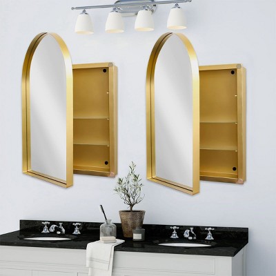 Recessed Bathroom Medicine Cabinet with Mirror Gold Metal Framed Bathroom Wall Cabinet with Mirror and Adjustable Shelf Set of 2 The Pop Home