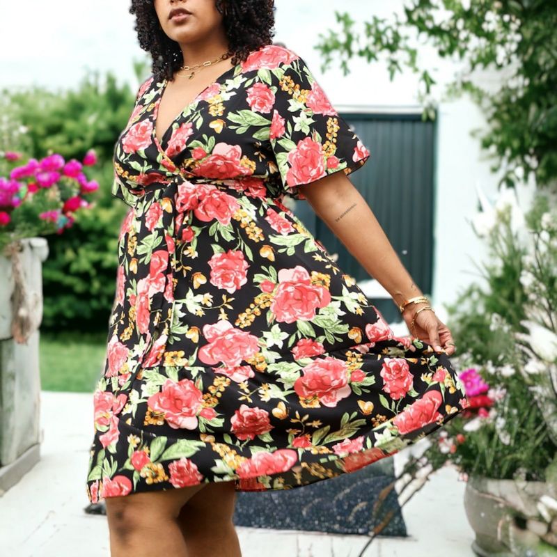 Anna-Kaci Women Plus Size Tropical Floral Print Midi Dress with Tied Belt Waist, 4 of 7