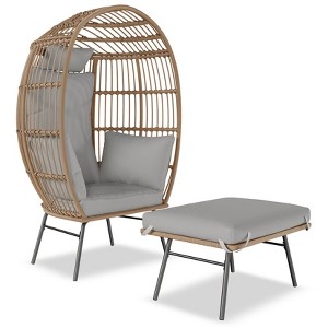 Oversized Patio Egg Chair with Ottoman, Wicker Lounge Chair with Cushions & Metal Frame for Outdoor, Balcony, Living Room, Grey - 1 of 4