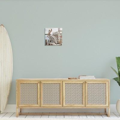 Pelican Perched on Fishing Dock Canvas Wall Art, 17" x 17"