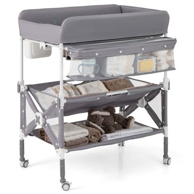 Image of Costway Portable Baby Changing Table with Wheels Adjustable Height Large Storage Rack Gray