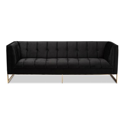 Luxurious Black Velvet Tufted Sofa with Gold-Tone Metal Frame