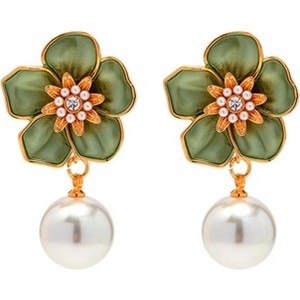 Bohemian Flower Dangle Earrings - Baroque Pearls & 14K Gold Plated Camellia for Wedding & Holiday - 1 of 4