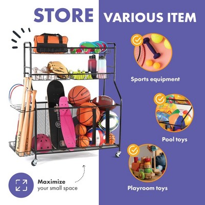 Black Steel Large Sports Equipment Organizer Cart with Wheels