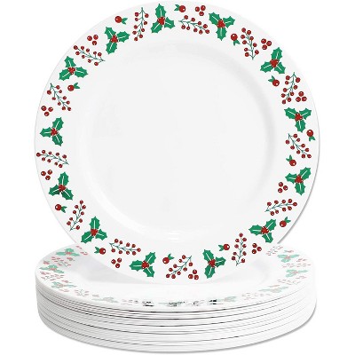 Juvale 24 Pack Plastic Plates with Foil Edge & Holly for Christmas, Reusable Plate (10.25 In)