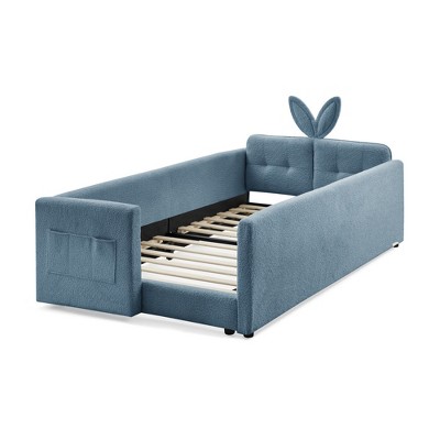 Vynxaria Twin Size Upholstered Platform Bed with Adorable Rabbit Ear Headboard & Safety Rail