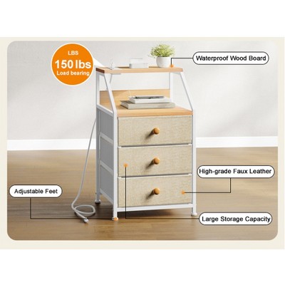 Taupe 3-Drawer Nightstand with Charging Station and Wood Top
