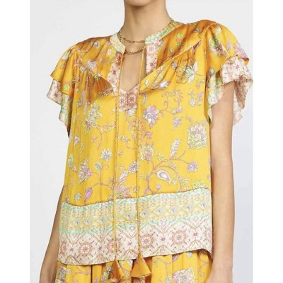 Women's Border Printed Flutter Sleeve Split Neck Blouse w/ Self Tie - current air