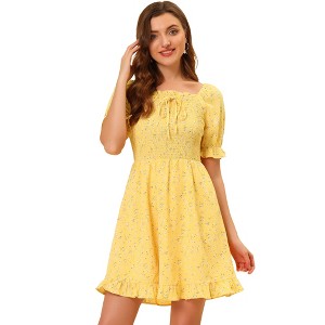 Allegra K Women's Square Neck Puff Sleeve Smocked Floral Ruffled Hem Dress - 1 of 4