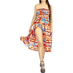 LA LEELA Women's House Daily Routine Evening Wear Holiday Flowy Backless Ruffle Tube Top Midi Evening Dress Dresses for Women One Size Red, Floral - 1 of 3