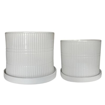 Sagebrook Home Set of 2 Textured Ceramic Planters with Saucers White