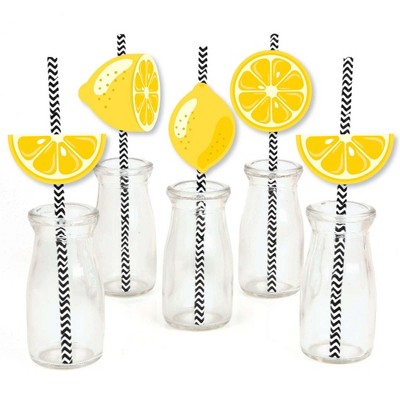 Big Dot of Happiness So Fresh - Lemon - Paper Straw Decor - Citrus Lemonade Party Striped Decorative Straws - Set of 24