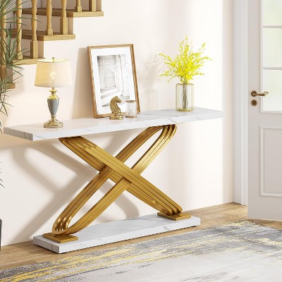 55" White Faux Marble and Gold Metal Console Table