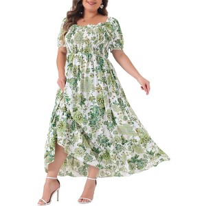 Agnes Orinda Women's Plus Size Floral Short Sleeve Shirred Square Neck Maxi Empire Waist Dresses - 1 of 4
