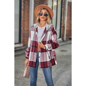 Women Long Sleeve Hooded Shirts Plaid Button Down Shirt Jacket - 1 of 4