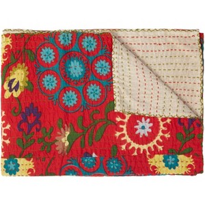 50" X 70" Red Floral Cotton Quilted Kantha Throw Blanket with Embroidery - 1 of 4
