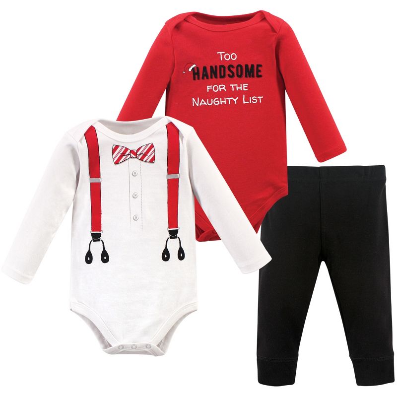Little Treasure Baby Boy Cotton Bodysuit and Pant Set, Red Suspenders, 1 of 2