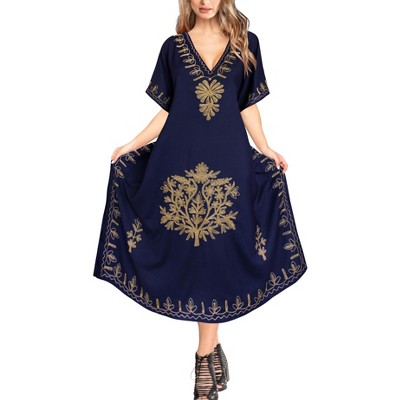 LA LEELA Women's House Daily Routine Evening Wear Vacation Holiday Casual Dailywear Loungewear Loose Caftan Maxi Boho Sleepwear Dress 2X-3X Blue Solid