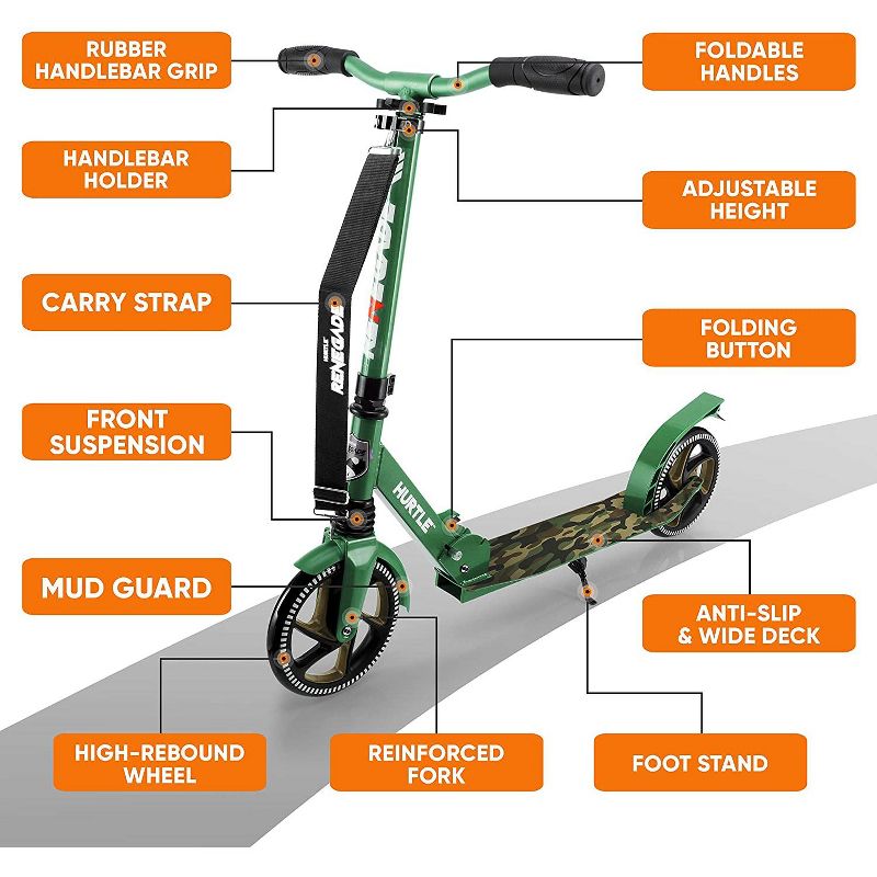 Hurtle Renegade Lightweight Foldable Teen and Adult Adjustable Ride On 2 Wheel Transportation Commuter Kick Scooter, Camouflage, 4 of 8