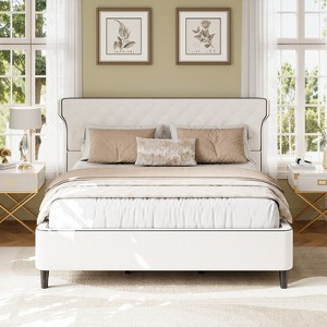 Queen/King Size Upholstered Platform Bed Frame with Curved Back Headboard, Button Tufted Design & Piping, Modern Classic - ModernLuxe - 1 of 4