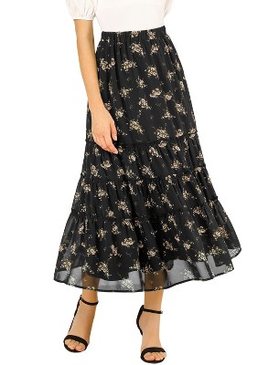 INSPIRE CHIC Women's Floral Elastic Waist Tiered Ruffle Boho Midi Skirts