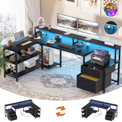 Aheaplus L-Shaped Computer Desk with Drawers and Monitor Shelf