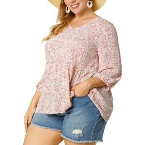 Agnes Orinda Women's Plus Size V Neck Babydoll 3/4 Lantern Sleeve Casual Floral Flowy Blouses - 1 of 4
