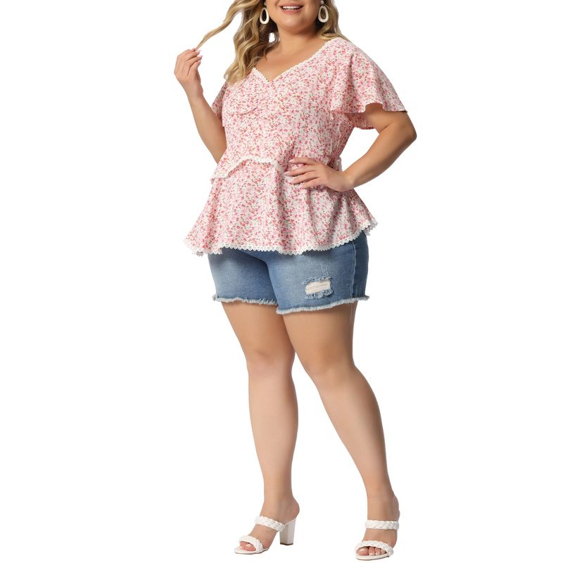 Agnes Orinda Women's Plus Size Tiered Floral Babydoll Ruffle Short Sleeve Blouses, 2 of 7