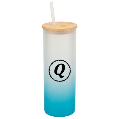 Elanze Designs Q Monogram Letter Initial Rope Circle Wrap-Around Design 25 Ounce Frosted Gradient Glass On-The-Go Coffee Travel Skinny Tumbler Mug