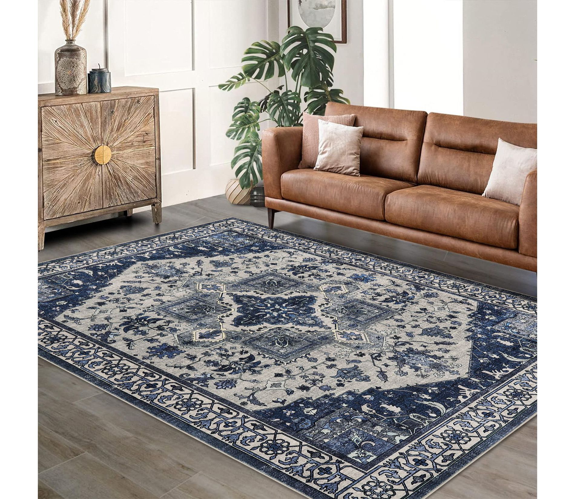 Washable Area Rug 5x7 Boho Rugs with Non Slip Backing for Bedroom, Soft Rustic Printed Carpet Low Pile Rug, Blue
